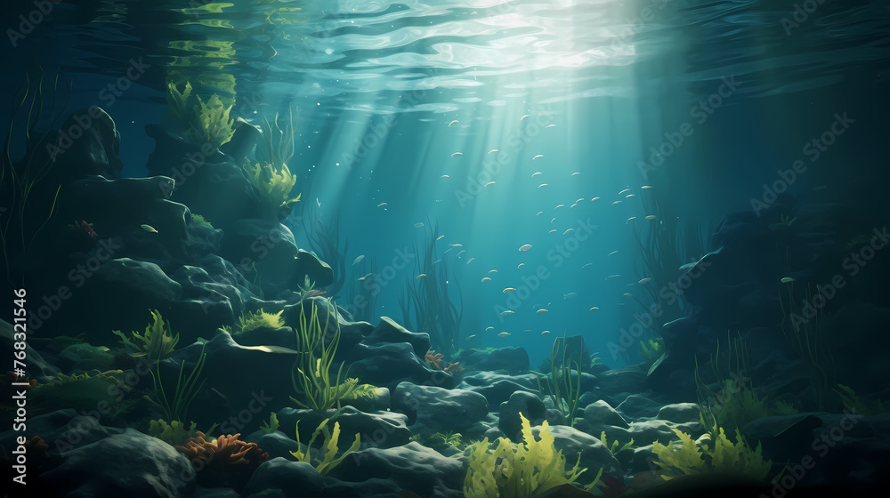Underwater landscape with green seagrass at the bottom of the sea