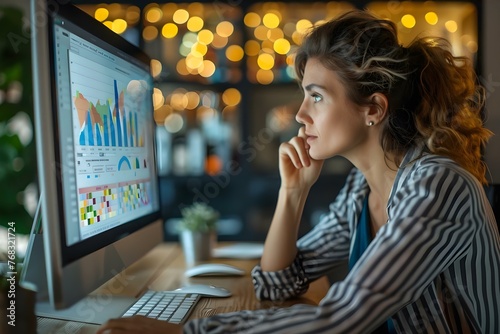 A worried woman looks at financial statements on a computer concerned about market growth for business investment. Concept Business Investment, Financial Statements, Market Growth, Concerned Woman