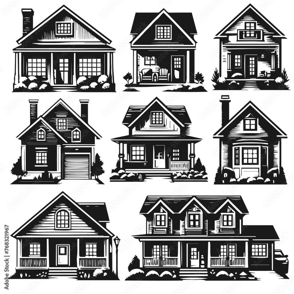 Classic House Silhouettes, Black and White Retro Homes, Classic House Illustration, Vintage Home Vector Art, Retro Residential Architecture, Retro Vintage House Silhouettes