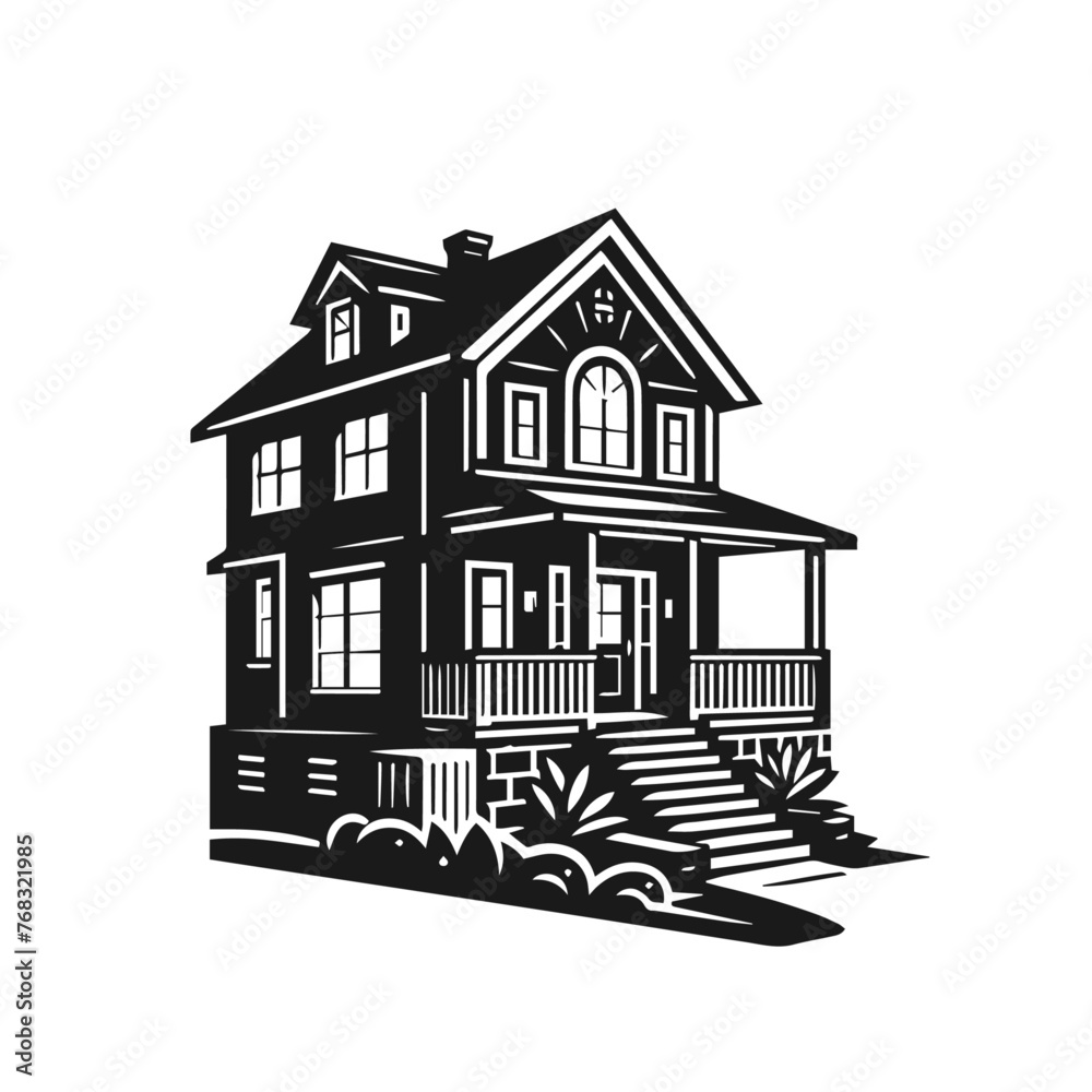 Classic House Silhouettes, Black and White Retro Homes, Classic House Illustration, Vintage Home Vector Art, Retro Residential Architecture, Retro Vintage House Silhouettes