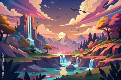 Sunset illuminating a cascade, clouds painted in pastel hues above an idyllic village, a gentle stream meandering into a serene pond, flock of birds in flight silhouetted against the sky, vibrant foli