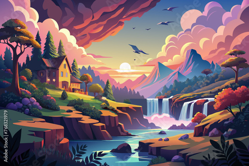 Sunset illuminating a cascade, clouds painted in pastel hues above an idyllic village, a gentle stream meandering into a serene pond, flock of birds in flight silhouetted against the sky, vibrant foli