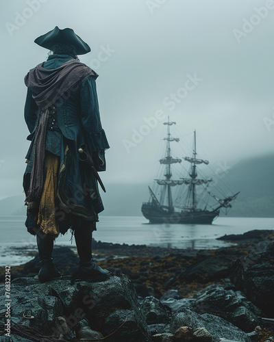 Sailor, in Spanish conquistador attire, stands on a rocky coast The ship in the background is anchored, waiting Overcast sky sets the moody tone Realistic, Backlights, Depth of Field photo