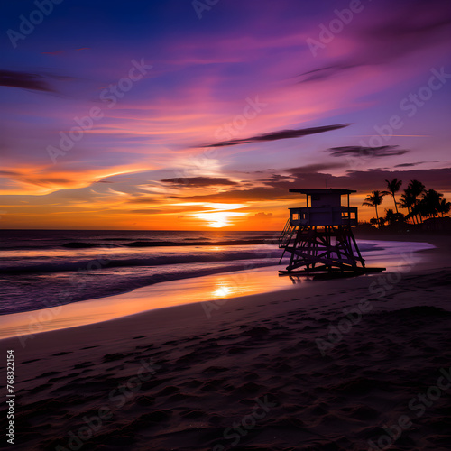 Twilight Tranquility: A Serene Coastal Scene as the Sun Sets over the Palm Trees and Lifeguard Chair © Jose