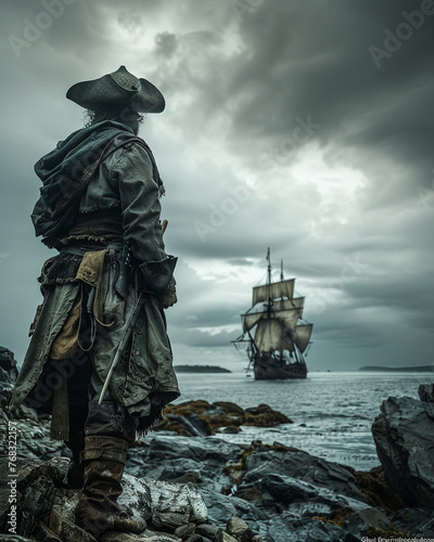 Sailor, in Spanish conquistador attire, stands on a rocky coast The ship in the background is anchored, waiting Overcast sky sets the moody tone Realistic, Backlights, Depth of Field