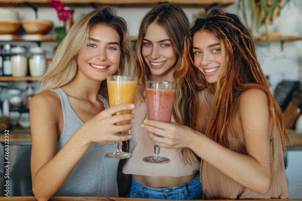 Three vibrant young women are seen enjoying glasses of healthy drinks, smiling and having a great time at a cozy café Three vibrant young women are seen enjoying glasses of healthy drinks, smiling and having a great time at a cozy café