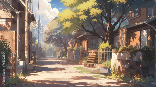 Anime Suburban Street in Autumn Light with Lush Foliage vector