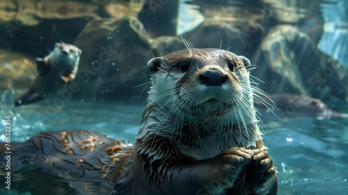otter swimming underwater photo