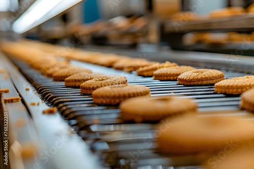 Efficient cookie production line in a busy confectionery factory. Concept Cookie Dough Preparation, Baking Process, Quality Control, Packaging, Automation Machinery