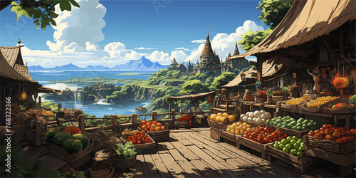 Fantasy Coastal Market Overlooking Majestic Mountains, vector art © Agustin A