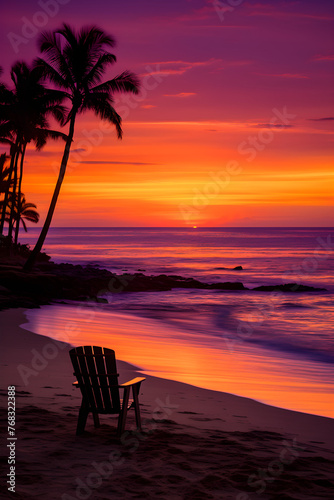 Twilight Tranquility: A Serene Coastal Scene as the Sun Sets over the Palm Trees and Lifeguard Chair