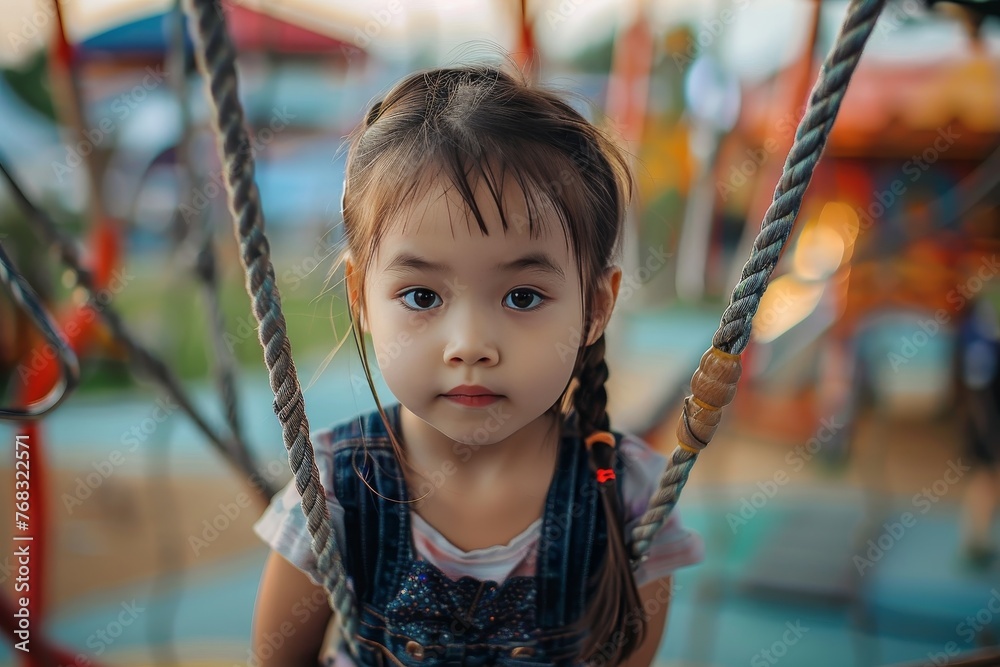 A young girl with braids swings, displaying a contemplative gaze amidst playful surroundings A young girl with braids swings, displaying a contemplative gaze amidst playful surroundings
