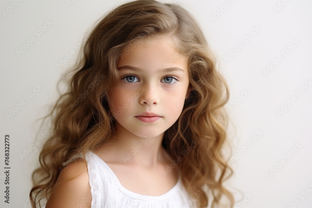 Portrait of a beautiful little girl with long curly hair on a white background.
