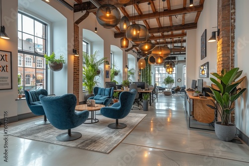 The building interior is furnished with a variety of furniture, including many chairs and tables. Houseplants and flowerpots add a touch of nature to the space photo