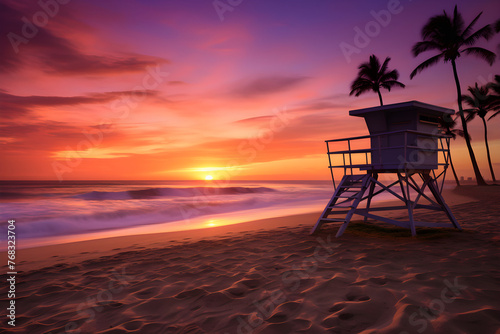 Twilight Tranquility: A Serene Coastal Scene as the Sun Sets over the Palm Trees and Lifeguard Chair