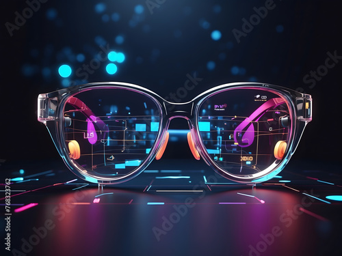 Glasses with a virtual medical interface on a dark background. This is a 3D rendering. © Mahmud