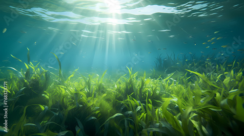 Underwater landscape with green seagrass at the bottom of the sea photo