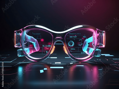 Glasses with a virtual medical interface on a dark background. This is a 3D rendering. © Mahmud