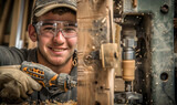 A smiling male trainee wearing safety glasses is drilling into wood