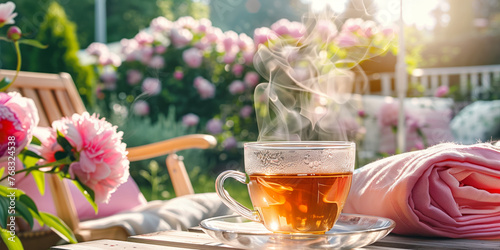Clear cup of steaming tea on a table on cozy wooden terrace with rustic wooden furniture, soft pillows and blankets and flowering peony bushes. Charming sunny evening in summer garden.