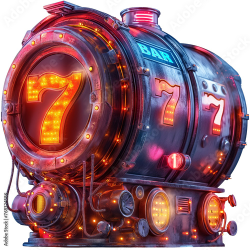 Casino neon Slot machine. Glowing sevens. Jackpot. Lucky seven 777. Bright and glowing neon purple and blue lights. Ai generated. Colorful PNG illustration. photo