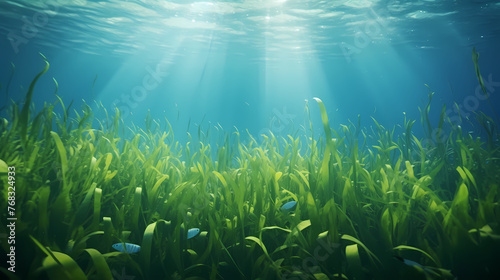 Underwater landscape with green seagrass at the bottom of the sea © Derby