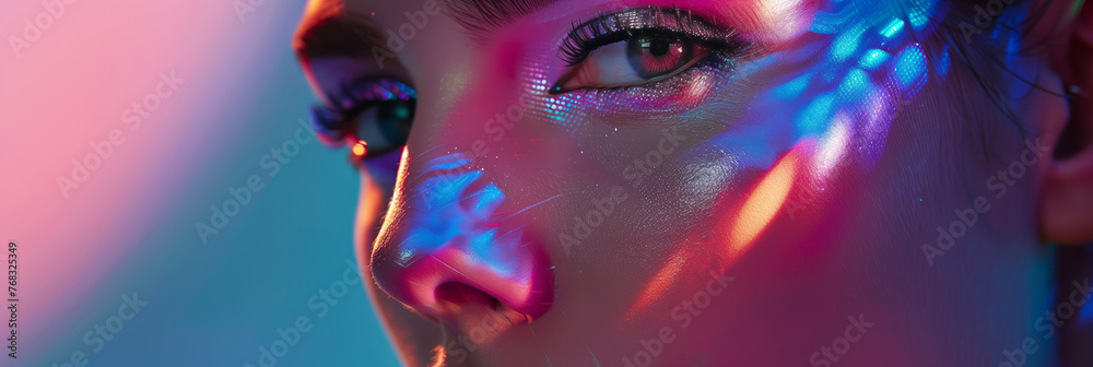 Close-up of young woman with holographic makeup. Banner with synthwave, retrowave, vaporwave aesthetics. Close-up of young woman with holographic makeup. Banner with synthwave, retrowave, vaporwave aesthetics.