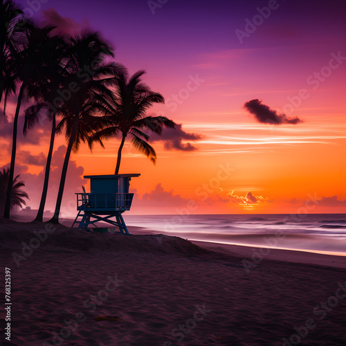 Twilight Tranquility: A Serene Coastal Scene as the Sun Sets over the Palm Trees and Lifeguard Chair