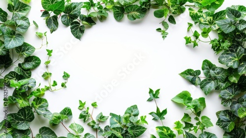 A white background with a circle of green leaves and plants surrounding a white center.