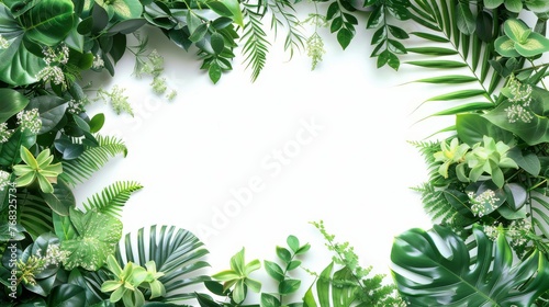 A white background with a circle of green leaves and plants surrounding a white center.