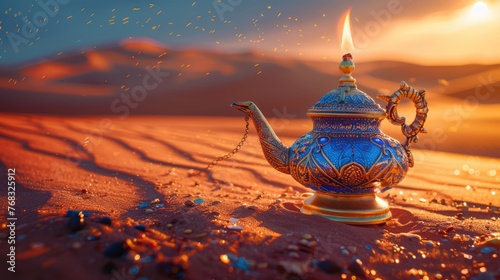 Genie's Wish Lamp on Sandy Desert Dune - Magical Fantasy Concept