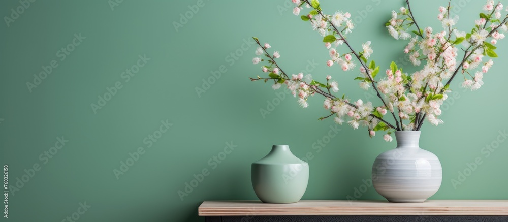 Floral vases displayed on a shelf against a vibrant green wall, adding a touch of nature to the indoor decor