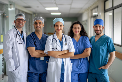Photography of brazilian team of professional workers in a hospital.