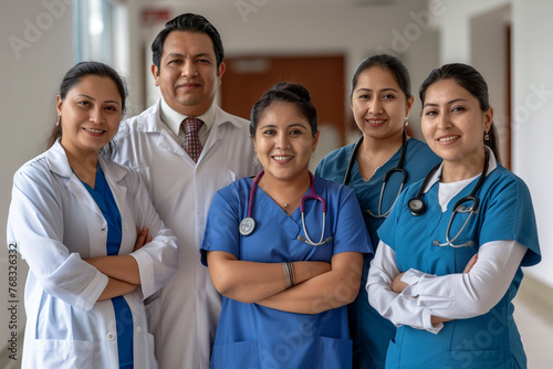 Photography of mexican team of professional workers in a hospital.