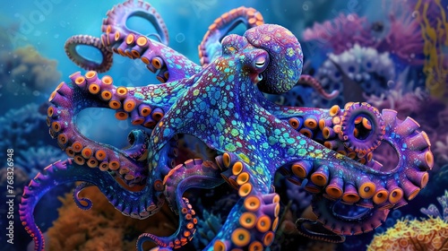 An octopus with neon indigo ink clouds  camouflaging in a coral reef underwater