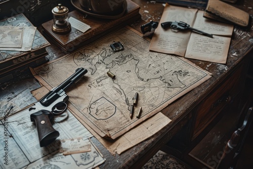 An old explorer's desk with a classic gun and map, ideal for an escape room ad, hinting at secret quests and hidden treasures