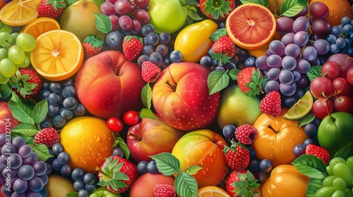 A vibrant fruits background, showcasing an assortment of ripe and colorful fruits arranged in a bountiful display.