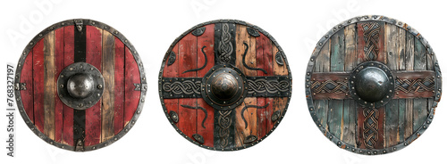 Wooden and metallic viking shields: a set in various rustic styles, Isolated on Transparent Background, PNG