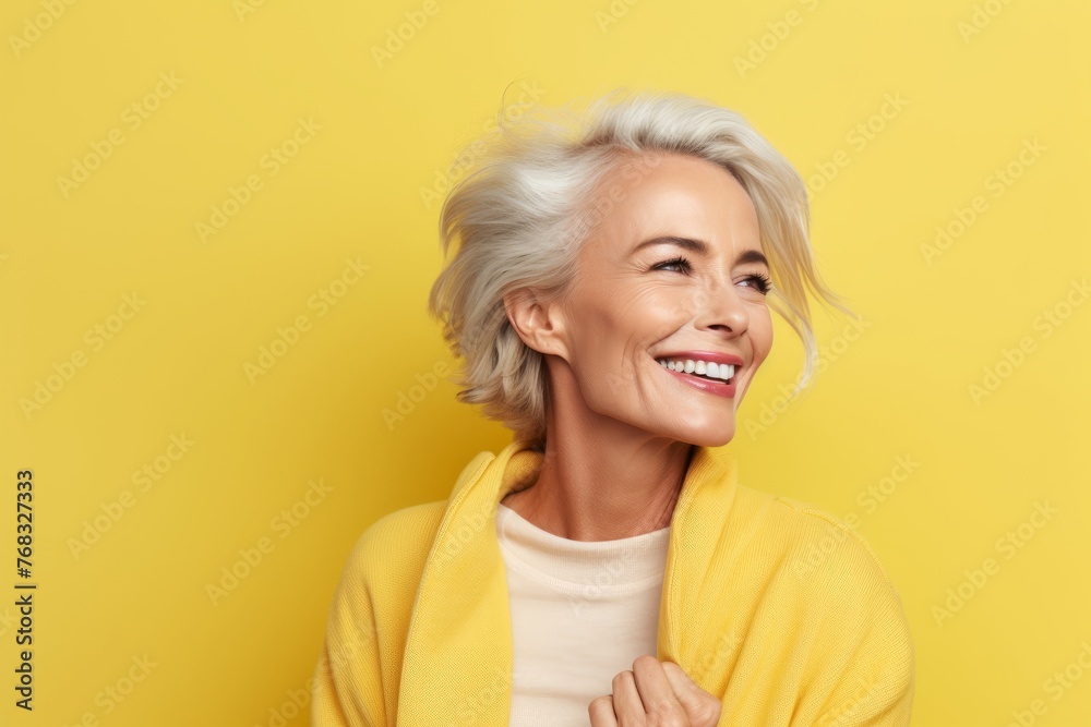 Happy senior woman in yellow sweater on yellow background. Smiling middle aged female model. Happy senior woman in yellow sweater on yellow background. Smiling middle aged female model.