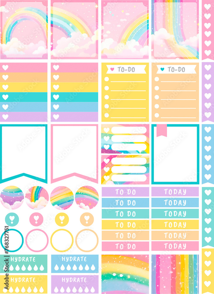 Vibrant rainbow planner stickers sheet PNG with transparent background. Ideal to cut in Cricut, Silhouette or similar machines. Designed for classic Happy Planner size. 6.75 x 9.25 inches.
