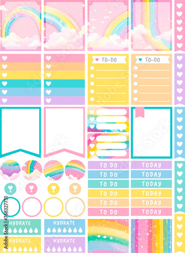 Vibrant rainbow planner stickers sheet PNG with transparent background. Ideal to cut in Cricut, Silhouette or similar machines. Designed for classic Happy Planner size. 6.75 x 9.25 inches.