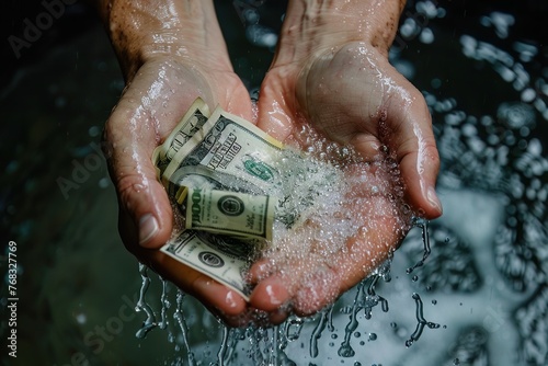 A figure washing hands with money, representing the cleansing of guilt and responsibility through bribery photo