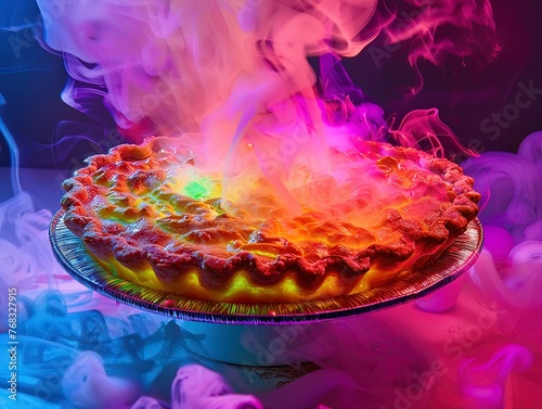 A neonglowing pie, with steam escaping to reveal the rich, colorful filling inside photo