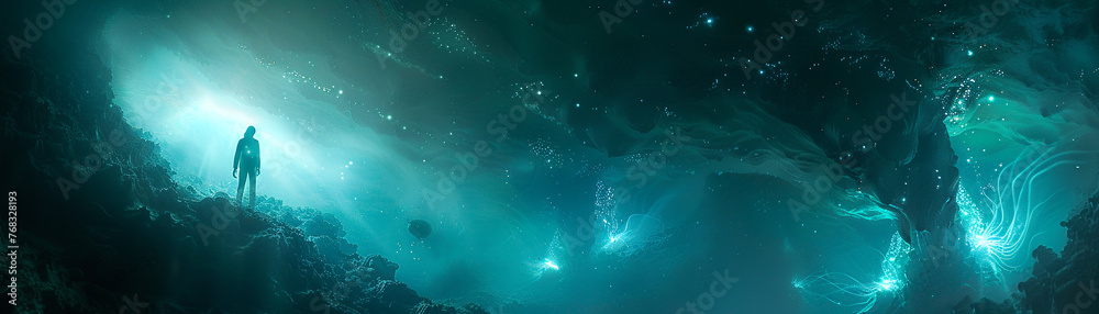 Fototapeta premium Extraterrestrial jellyfish-like creature, floating gracefully in a luminescent underwater cave, surrounded by sparkling bioluminescent sea creatures Realistic image Silhouette lighting Vignette