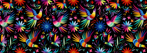 Ornate ethnic Mexican embroidery Otomi. Seamless pattern with birds and flowers on black background