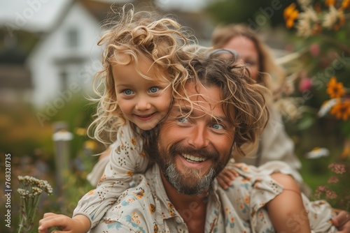 A man with military camouflage is carrying a smiling little girl on his shoulders in a grassy field. They are surrounded by happy people in nature, flowers, and enjoying a fun event photo