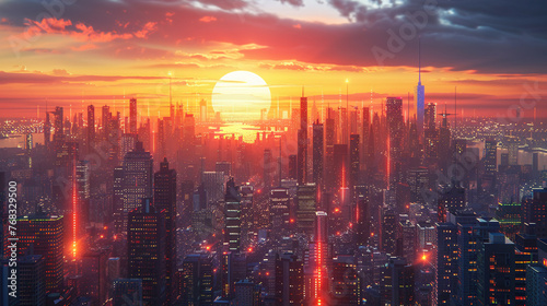 Sky City, Buildings, Futuristic, Connection between Sky and Earth, Sunset, 3D Render, Golden Hour, Depth of Field Bokeh Effect