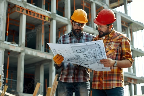 Construction engineer reviewing blueprint with partner at a construction site. Concept Construction, Engineering, Blueprint Review, Teamwork, Construction Site
