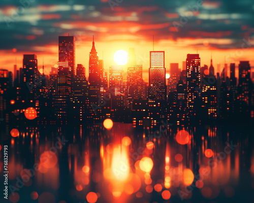 Automation, Workforce Transition, Universal Basic Income Consequences, City Skyline, Sunset, 3D Render, Silhouette Lighting, Depth of Field Bokeh Effect
