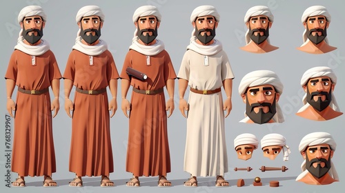 An Arab Muslim Man Character Constructor Kit offers various facial expressions, body parts, and business accessories for animation and customization